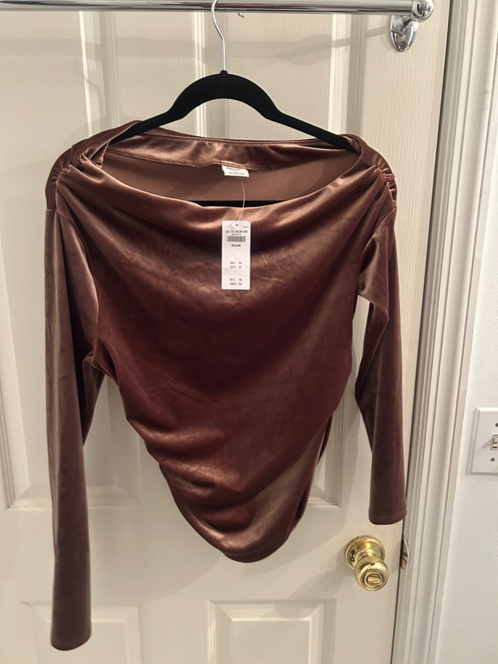Abercrombie & Fitch Velvet off the shoulder Boatneck Long-Sleeve Top in Brown